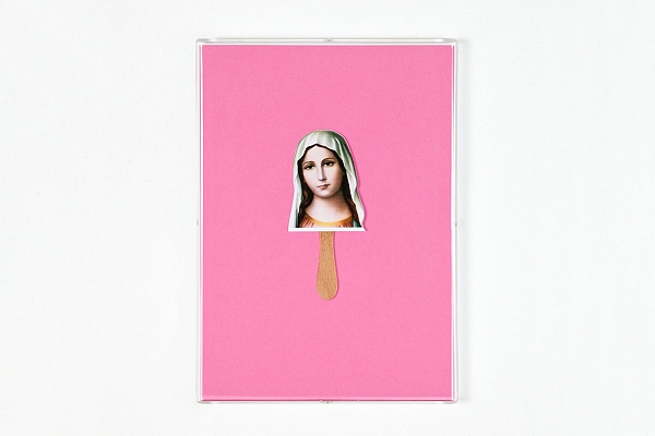 Angelo Formica, Madonna di luglio, collage su forex in teca, 2009-2014, Galleria Toselli