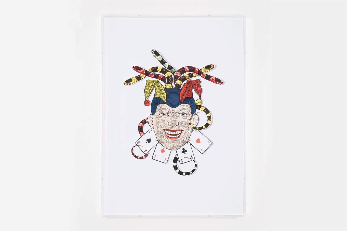 Angelo Formica, Joker, collage on forex in case, 2014, Galleria Toselli